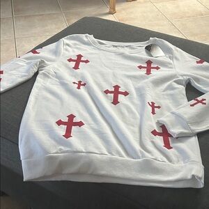 On Fire White Sweatshirt with Red Crosses